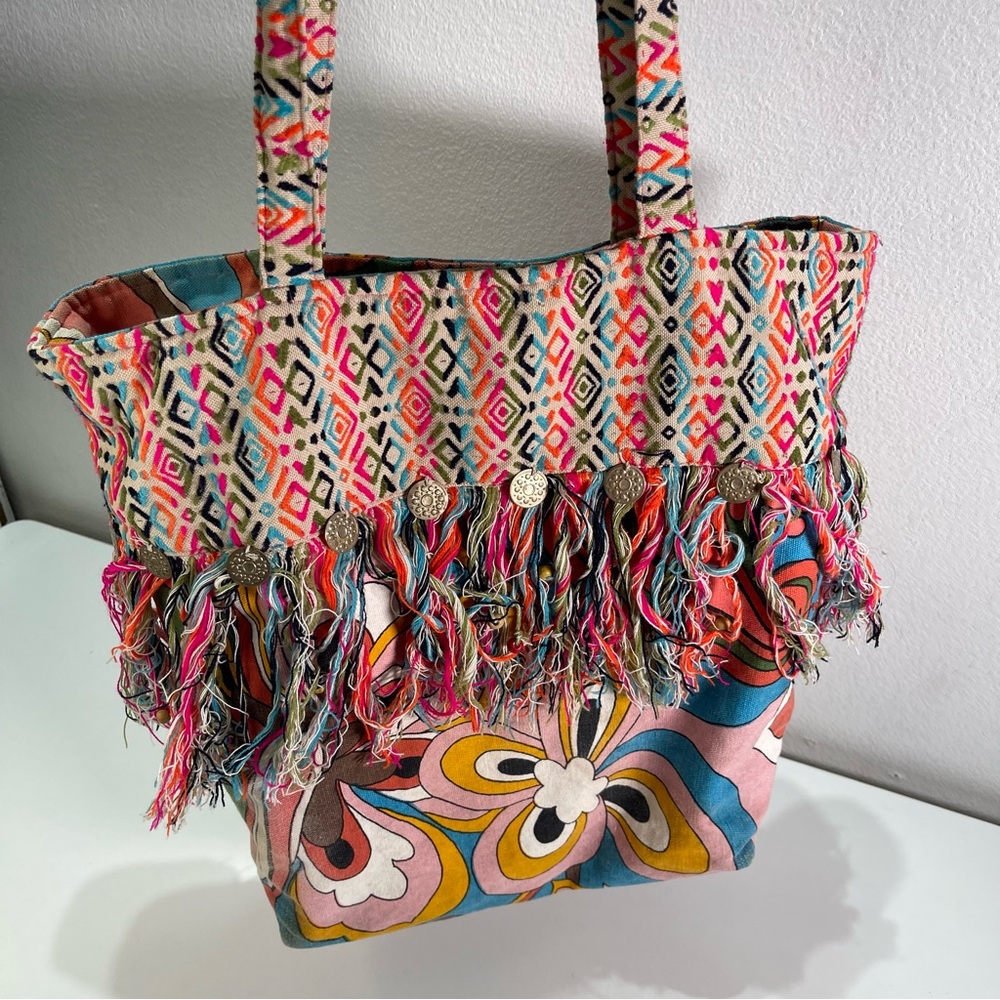 America  & Beyond  Colorful Boho Hippie Retro Style Beaded Tote Bag 16'' Pink